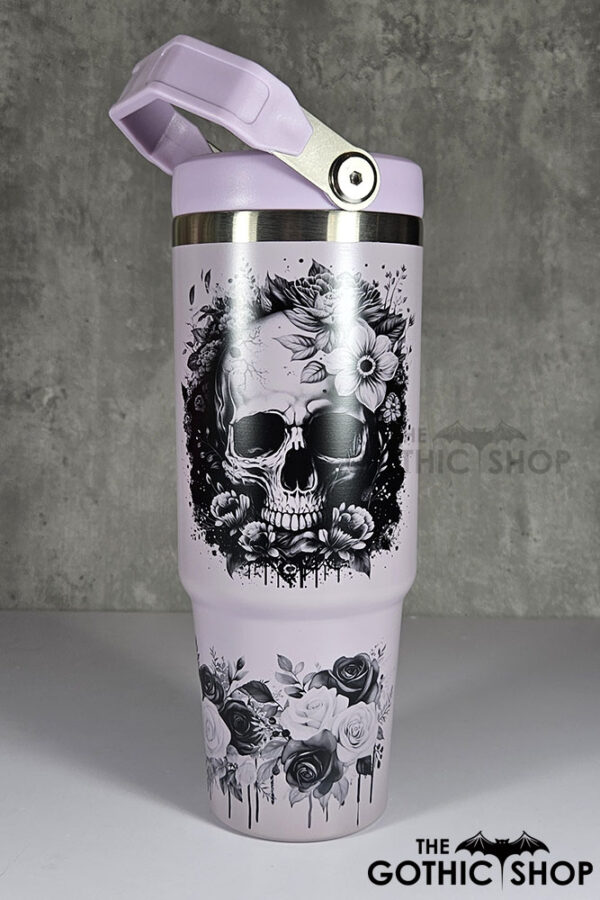 flower skull black & white 30oz gothic lavender purple travel tumbler