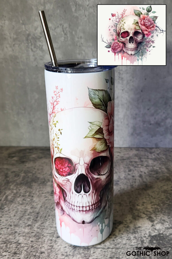 skull & pink roses gothic 20oz straight tumbler with option to personalise