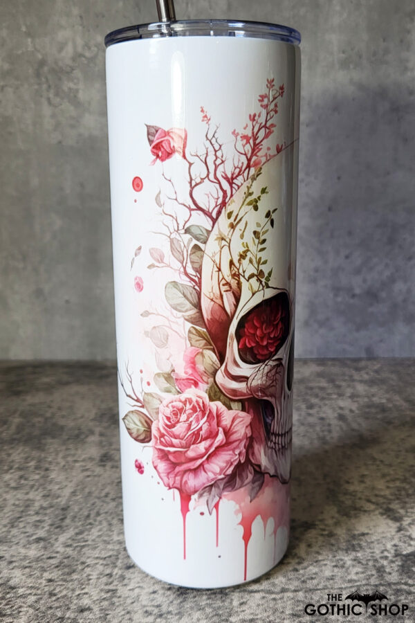 skull & pink roses gothic 20oz straight tumbler with option to personalise