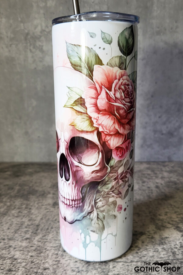 skull & pink roses gothic 20oz straight tumbler with option to personalise
