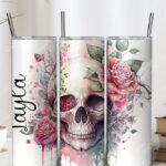 skull & pink roses gothic 20oz straight tumbler with option to personalise