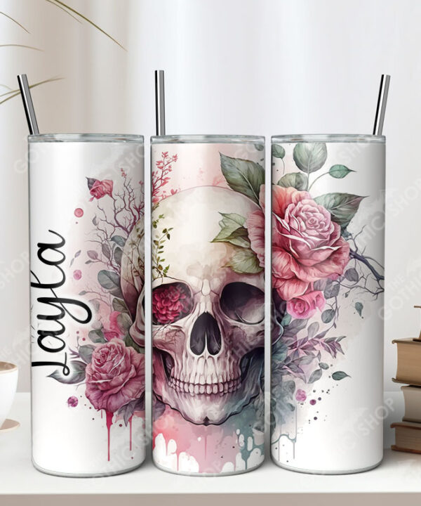 skull & pink roses gothic 20oz straight tumbler with option to personalise