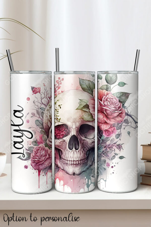 skull & pink roses gothic 20oz straight tumbler with option to personalise