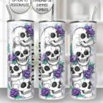 happy skulls & purple flowers 20oz straight tumbler with option to personalise