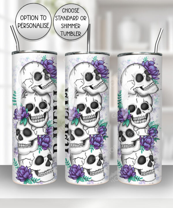 happy skulls & purple flowers 20oz straight tumbler with option to personalise