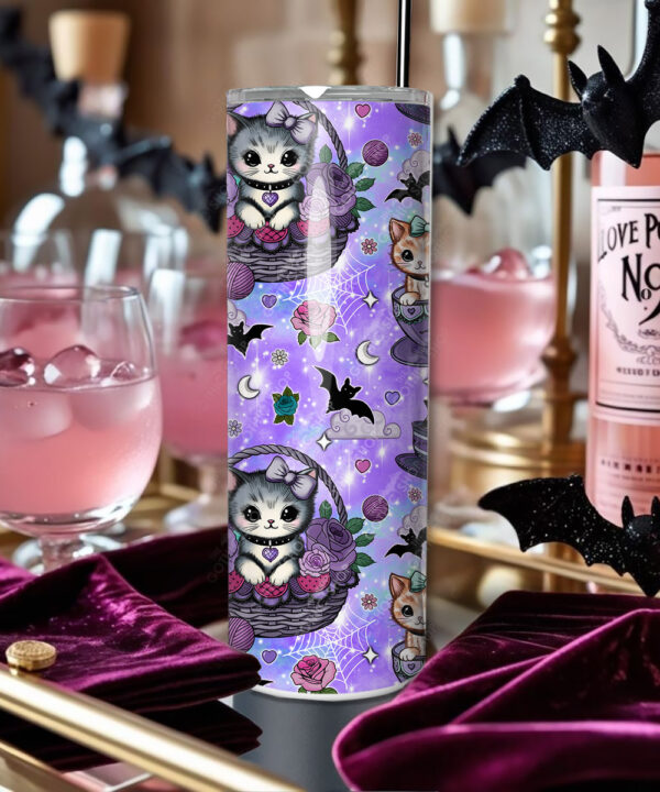 kitschy kitty cats in teacups green straight tumbler option to personalise