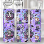 kitschy kitty cats in teacups green straight tumbler option to personalise