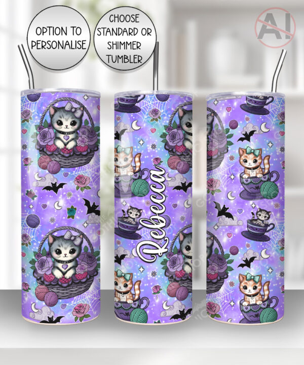 kitschy kitty cats in teacups green straight tumbler option to personalise