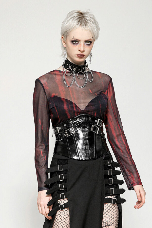 tw620 black and red tie dye mesh versatile gothic top by dark in love