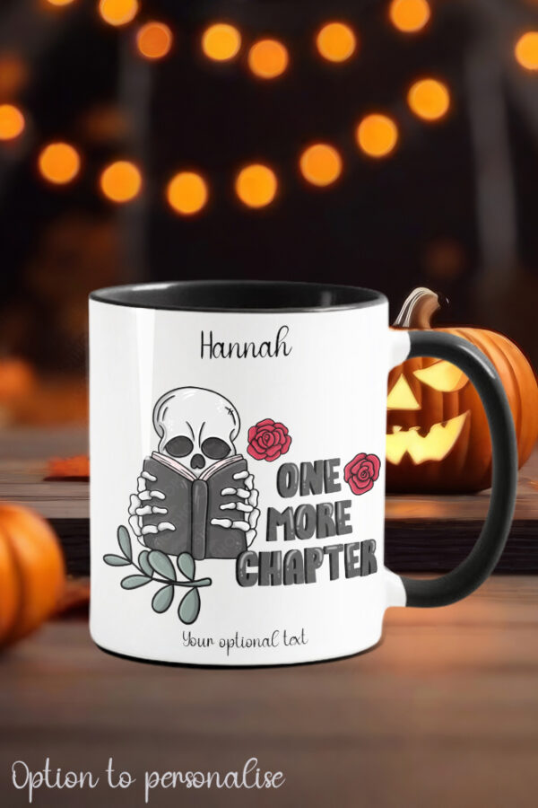 reader book skeleton one more chapter gothic ceramic mug with option to personalise
