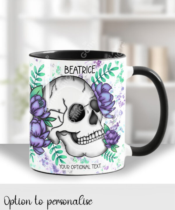 happy skulls & purple flowers gothic ceramic mug with option to personalise