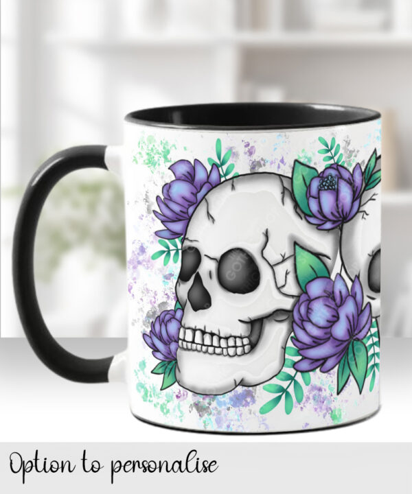 happy skulls & purple flowers gothic ceramic mug with option to personalise