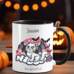 battycat on clouds gothic ceramic mug with option to personalise