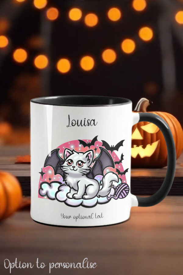 battycat on clouds gothic ceramic mug with option to personalise