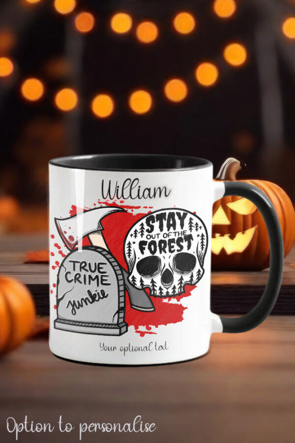 true crime junkie gothic ceramic mug with option to personalise