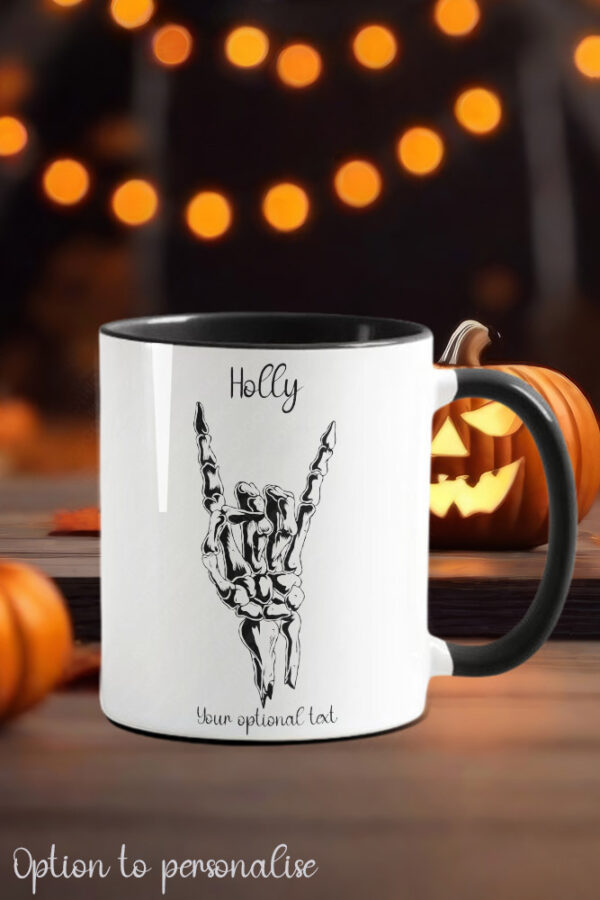 devil horns skeletal hand gothic ceramic mug with option to personalise