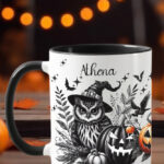 halloween owls gothic ceramic mug with option to personalise