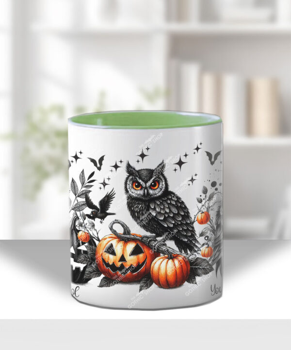 halloween owls gothic ceramic mug with option to personalise