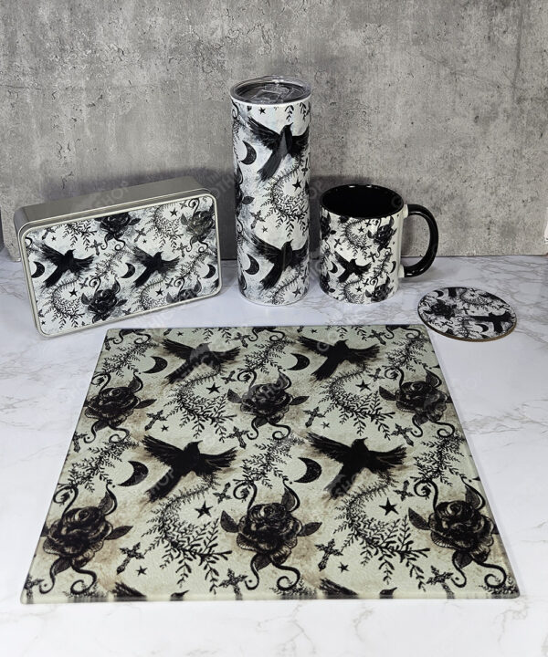 ravens & roses grey gothic glass chopping board