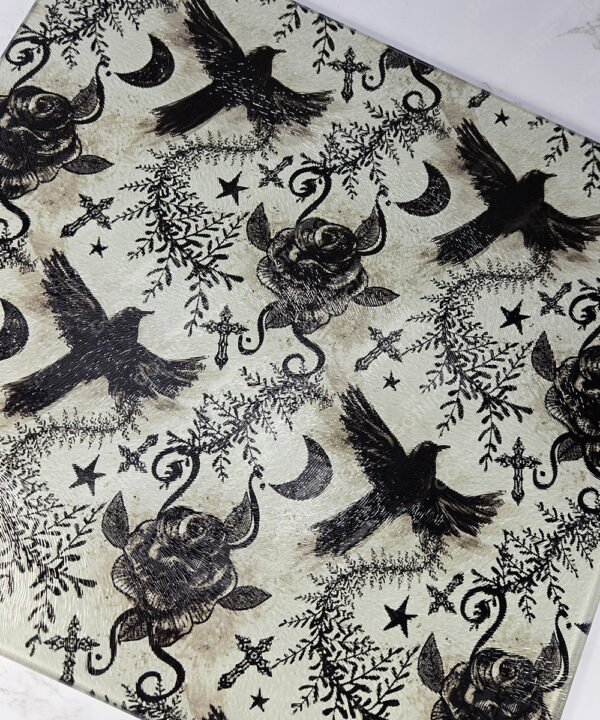 ravens & roses grey gothic glass chopping board