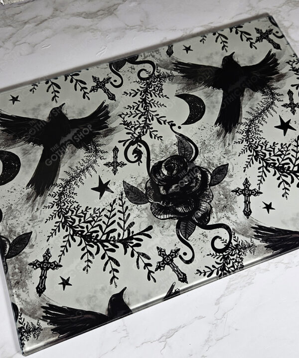 ravens & roses grey gothic glass chopping board