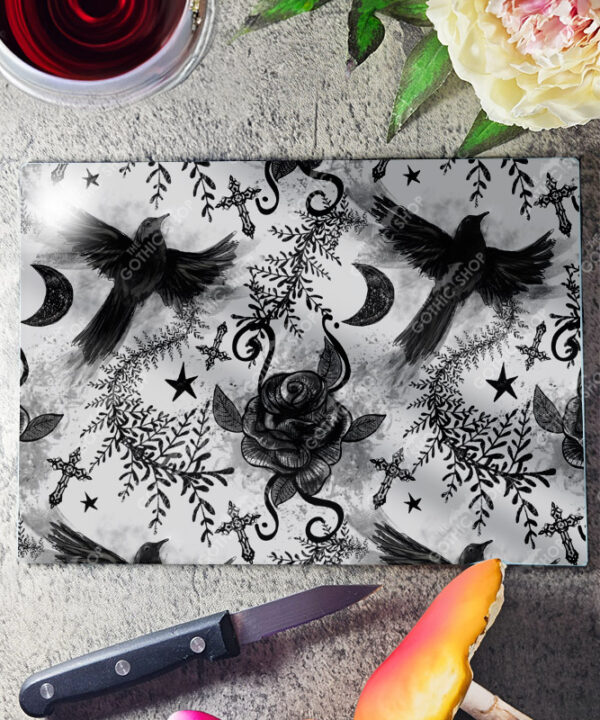 ravens & roses grey gothic glass chopping board