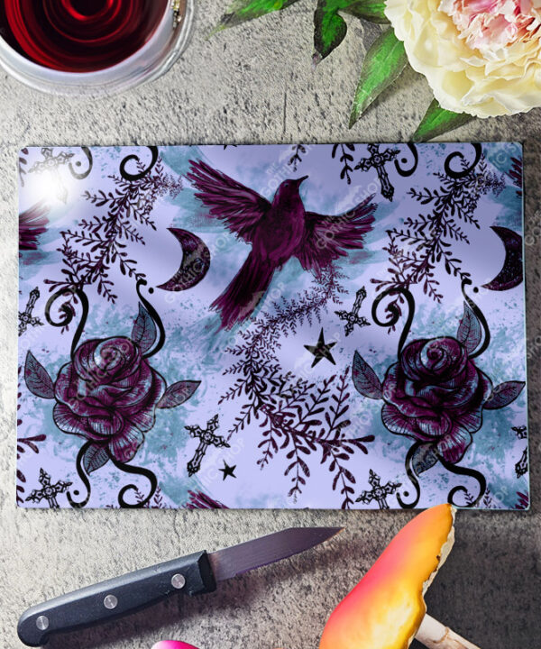 ravens & roses purple gothic glass chopping board