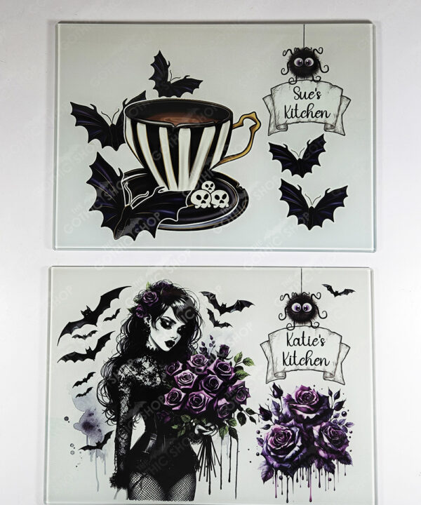 belladonna goth lady purple roses glass chopping board or worktop protector option to personalise