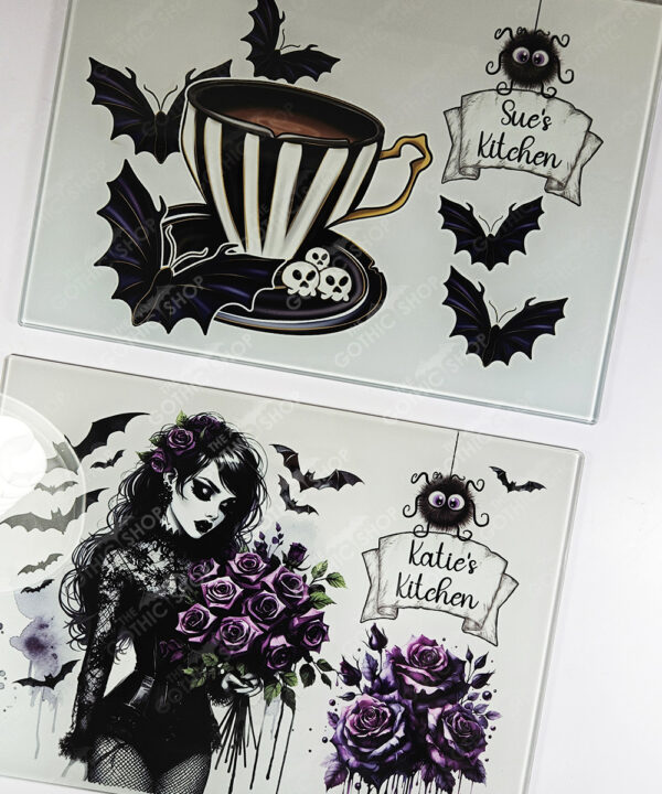 belladonna goth lady purple roses glass chopping board or worktop protector option to personalise