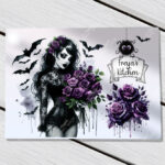 personalised goth lady purple roses glass chopping board or worktop protector