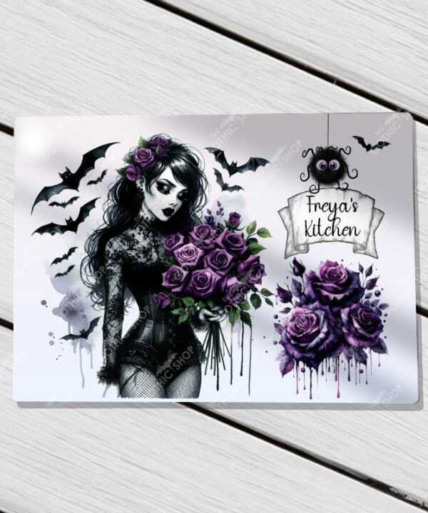 personalised goth lady purple roses glass chopping board or worktop protector