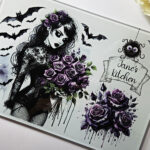 personalised belladonna goth lady purple roses glass chopping board or worktop protector
