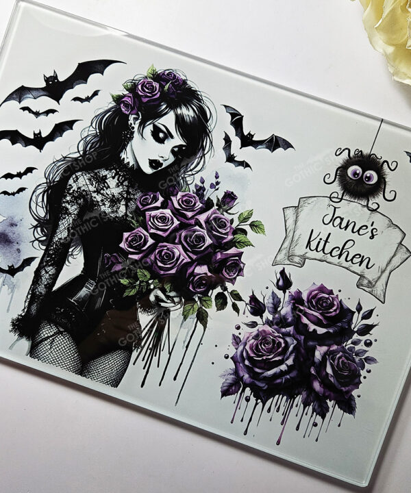 personalised belladonna goth lady purple roses glass chopping board or worktop protector