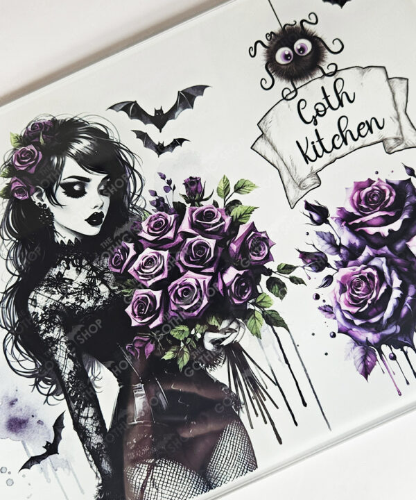 belladonna goth lady purple roses glass chopping board or worktop protector option to personalise