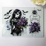 personalised belladonna goth lady purple roses glass chopping board or worktop protector