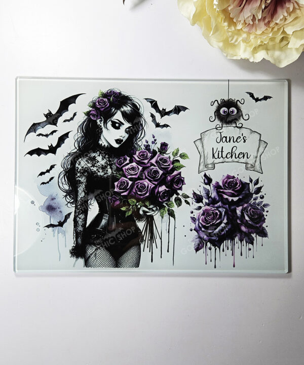 personalised belladonna goth lady purple roses glass chopping board or worktop protector