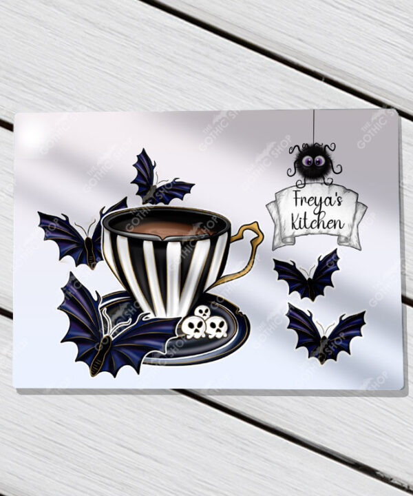 personalised gothic tea party teacup & bats glass chopping board or worktop protector