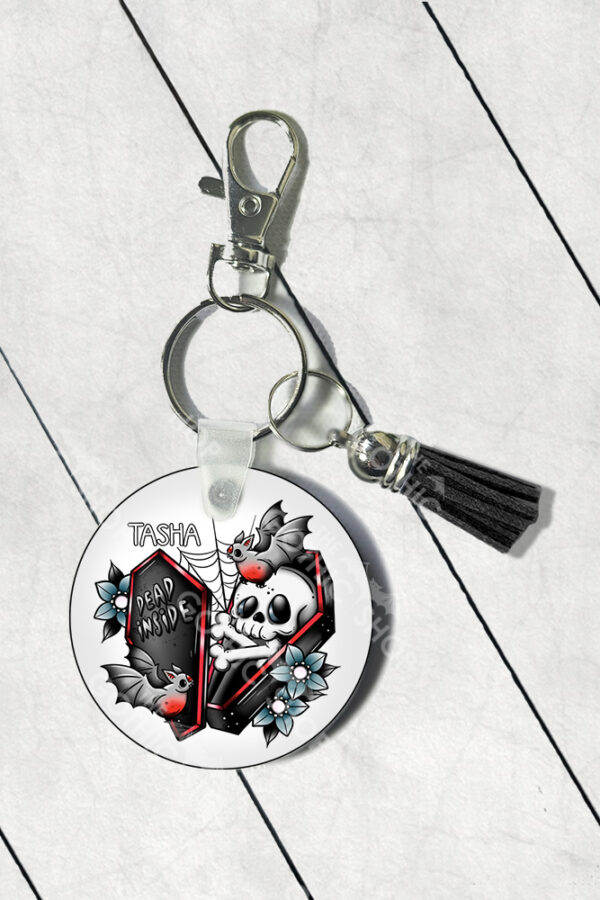 dead inside skeleton coffin round gothic keyring