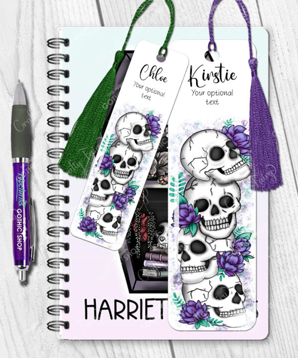 happy skulls & purple flowers metal bookmark thank you gift