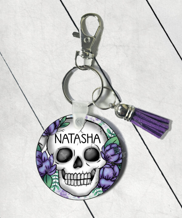 happy skulls & purple flowers round gothic keyring
