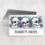 personalised happy skulls & purple flowers rectangular tin