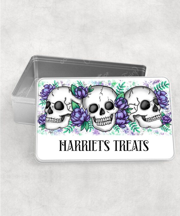 personalised happy skulls & purple flowers rectangular tin