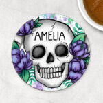 personalised happy skulls & purple flowers 9cm round glossy coaster
