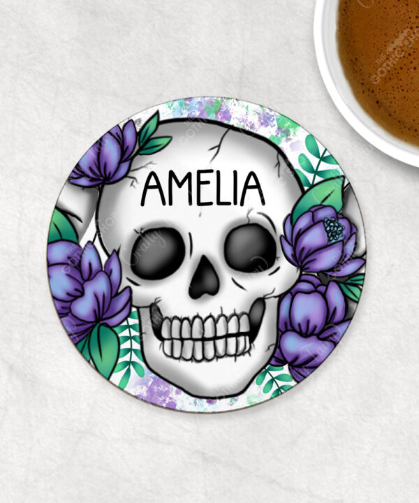 personalised happy skulls & purple flowers 9cm round glossy coaster