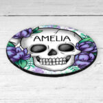 personalised happy skulls & purple flowers 9cm round glossy coaster