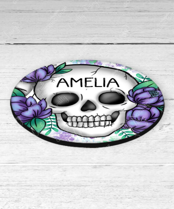 personalised happy skulls & purple flowers 9cm round glossy coaster