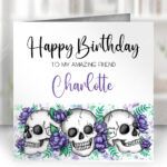personalised happy skull & purple flowers gothic birthday card