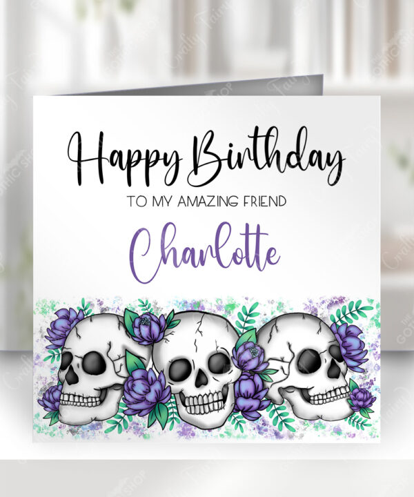 personalised happy skull & purple flowers gothic birthday card