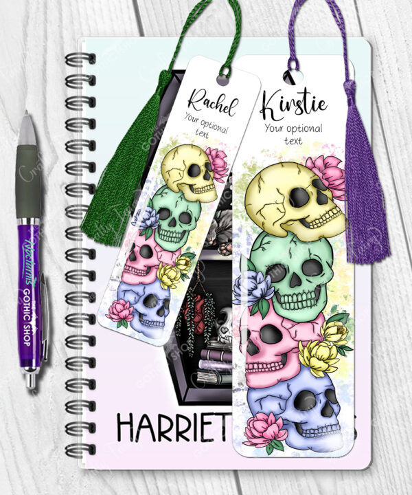 personalised colourful happy skulls & flowers metal bookmark thank you gift