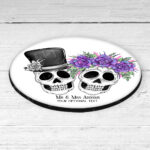 personalised skull couple congratulations wedding 9cm round glossy coaster